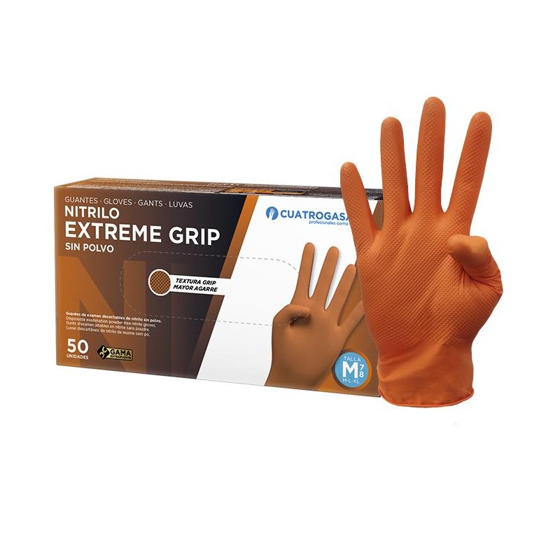 GUANTES DE NITRILO EXTREME GRIP NARANJA CUATROGASA (CAJA 50 uds.)